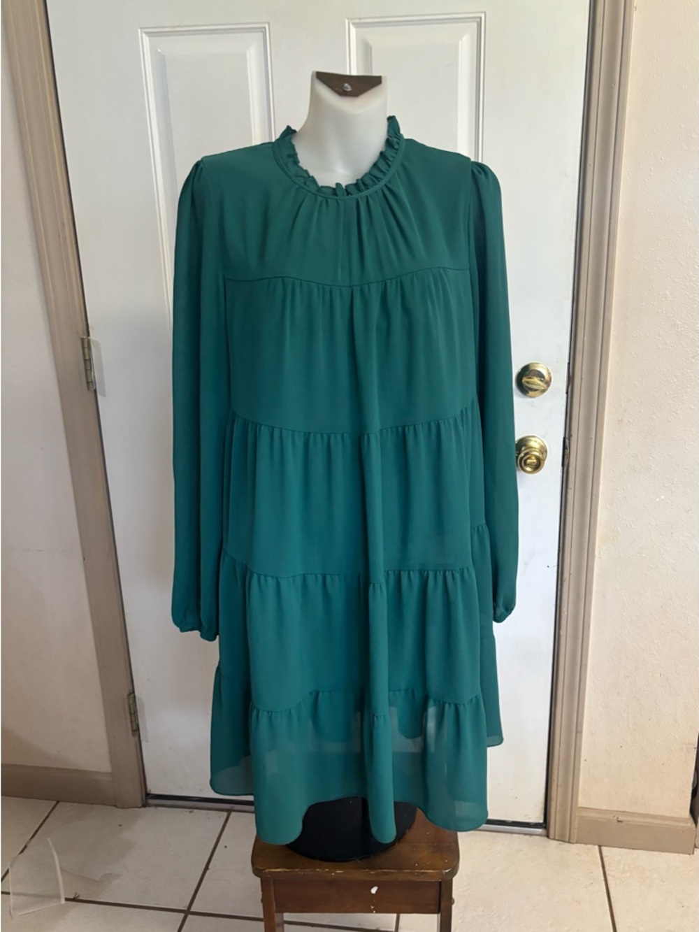 Large SHEIN Clasi Solid Dark Green Ruffle Hem Smock long sleeve Dress.  In EUC!